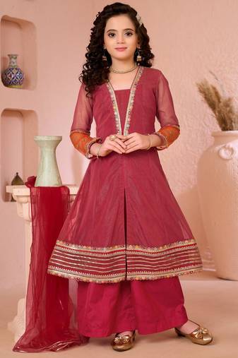 Pink embroidered shimmer a line kids salwar suits