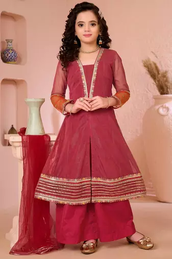 Pink embroidered shimmer a line kids salwar suits