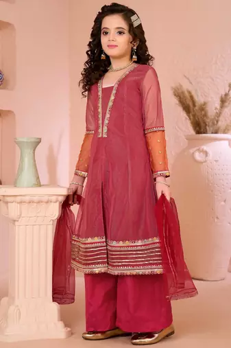 Pink embroidered shimmer a line kids salwar suits