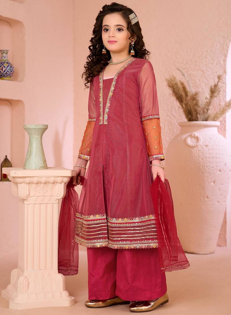 Pink embroidered shimmer a line kids salwar suits