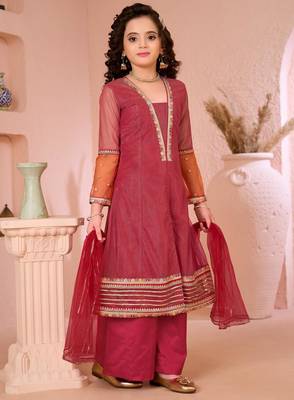 Pink embroidered shimmer a line kids salwar suits 3