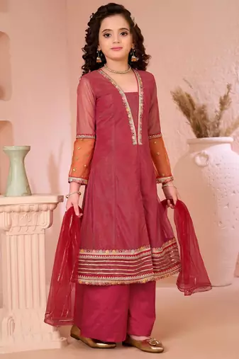Pink embroidered shimmer a line kids salwar suits