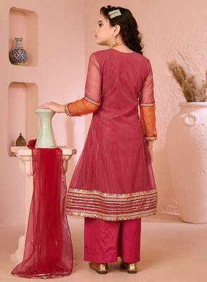 Pink embroidered shimmer a line kids salwar suits 4