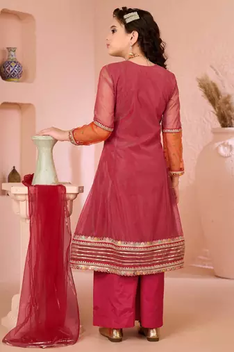 Pink embroidered shimmer a line kids salwar suits