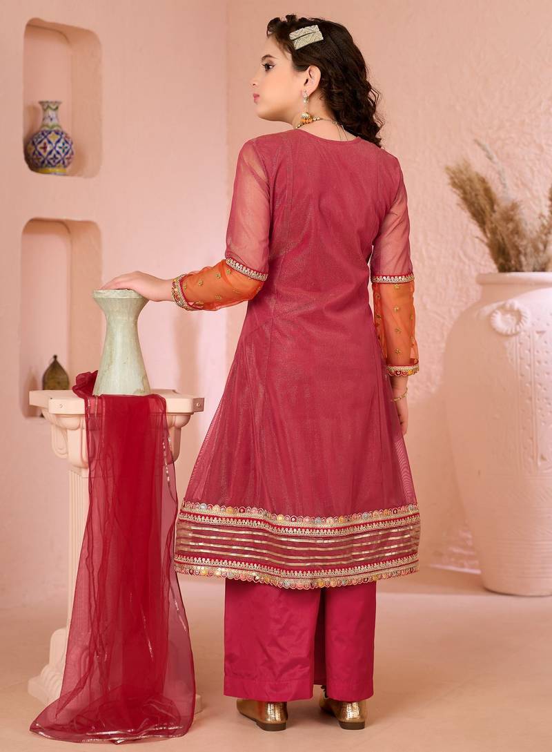 Pink embroidered shimmer a line kids salwar suits