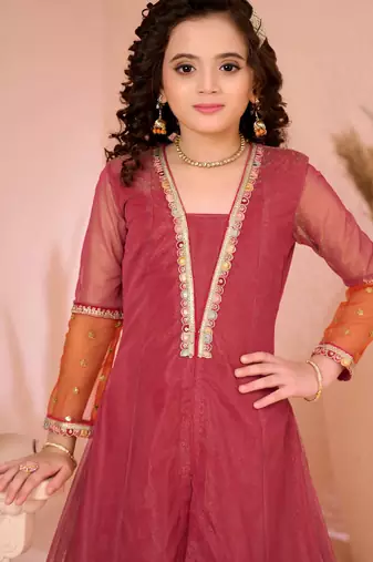 Pink embroidered shimmer a line kids salwar suits
