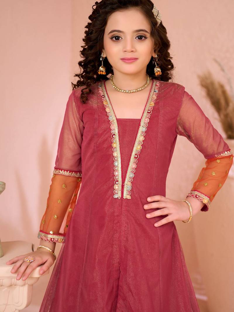 Pink embroidered shimmer a line kids salwar suits