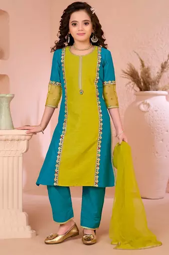 Yellow embroidered cottonsilk straight  kids salwar suits