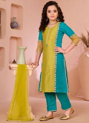 Yellow embroidered cottonsilk straight  kids salwar suits 2