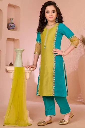 Yellow embroidered cottonsilk straight  kids salwar suits