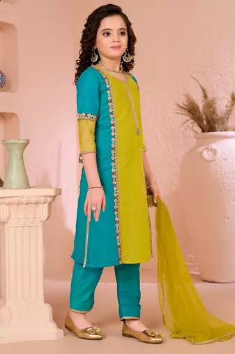 Yellow embroidered cottonsilk straight  kids salwar suits