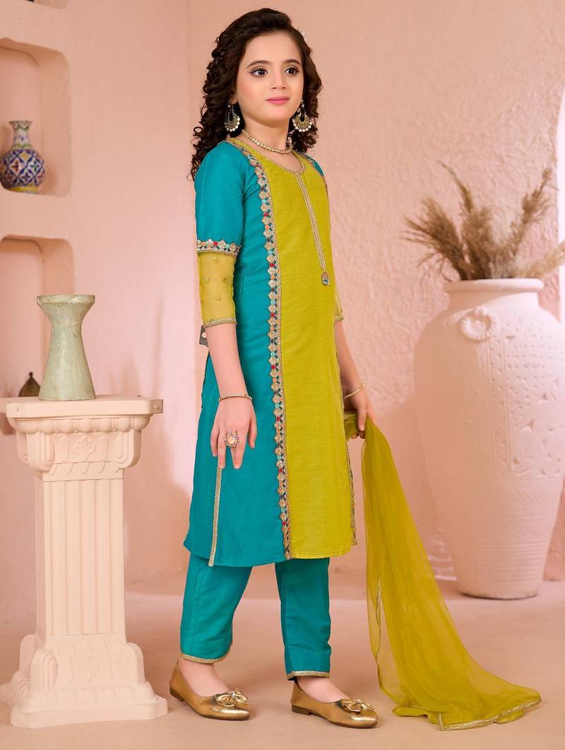 Yellow embroidered cottonsilk straight  kids salwar suits