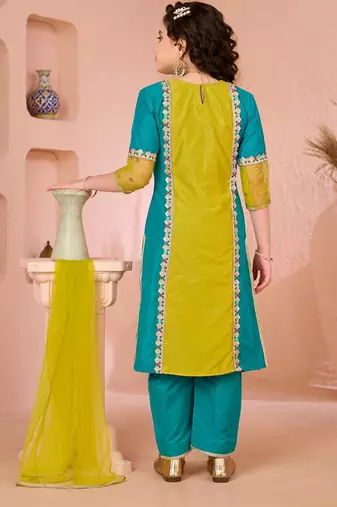 Yellow embroidered cottonsilk straight  kids salwar suits