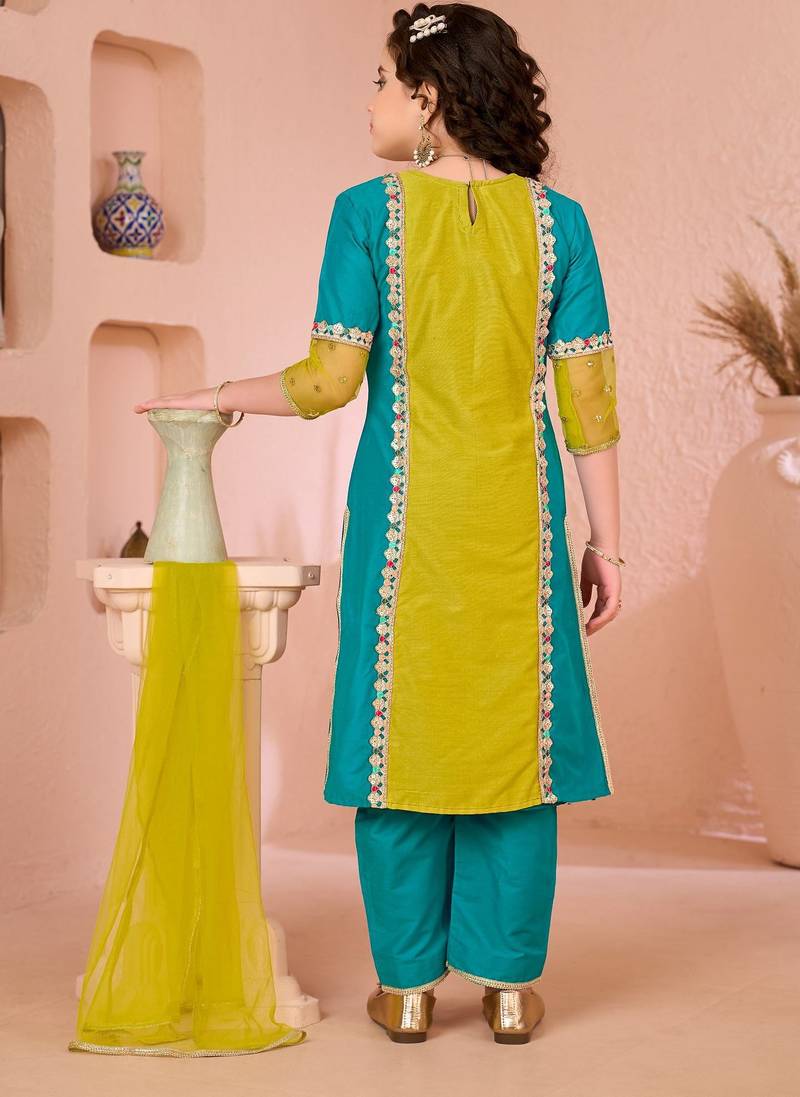 Yellow embroidered cottonsilk straight  kids salwar suits