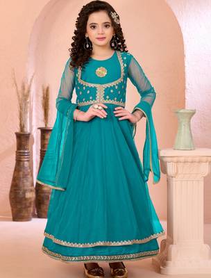 Green embroidered net a line kids salwar suits 1