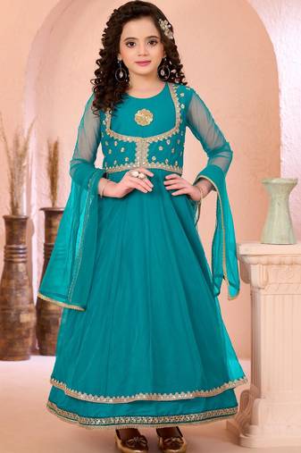 Green embroidered net a line kids salwar suits