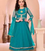 Green embroidered net a line kids salwar suits