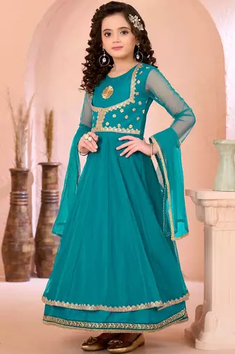 Green embroidered net a line kids salwar suits