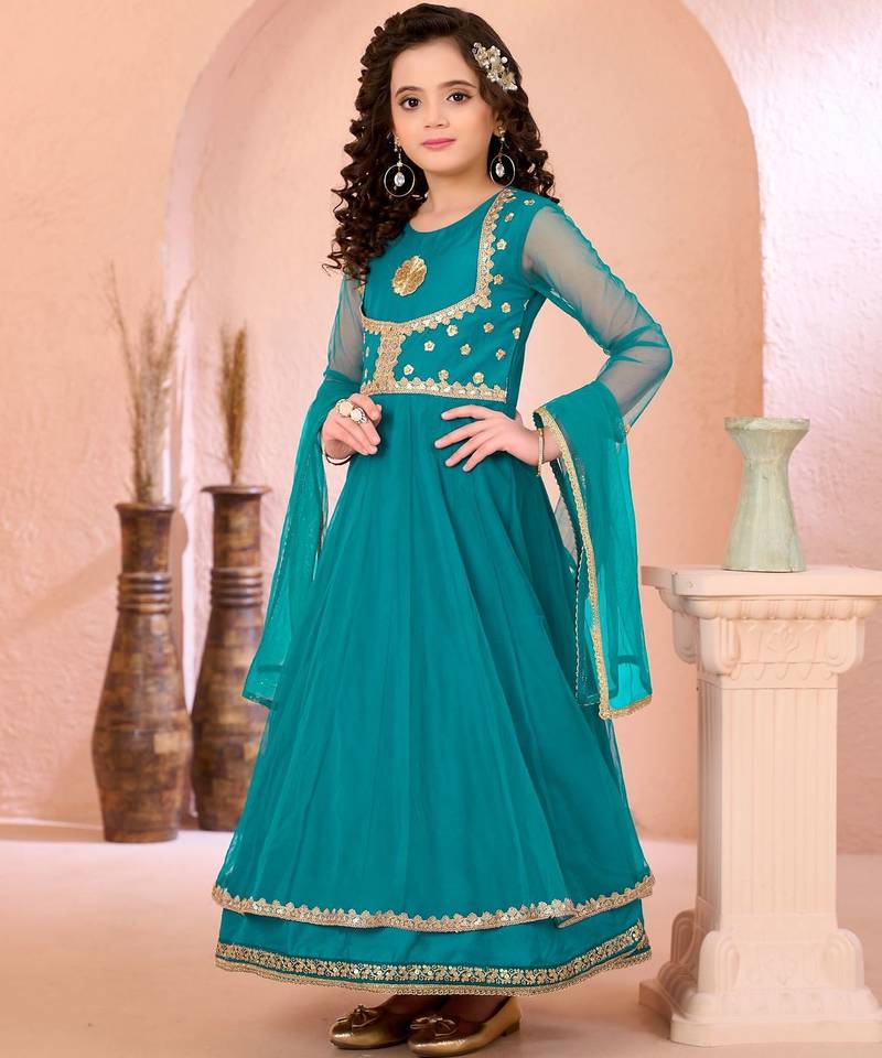 Green embroidered net a line kids salwar suits