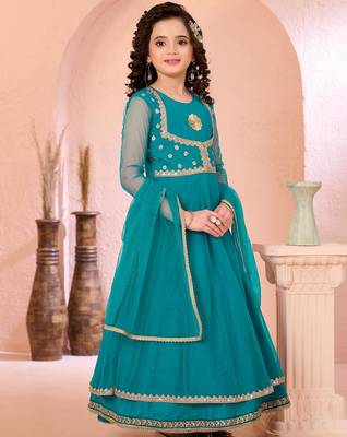 Green embroidered net a line kids salwar suits 3