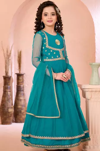 Green embroidered net a line kids salwar suits