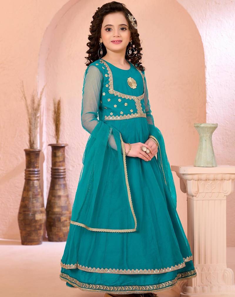 Green embroidered net a line kids salwar suits