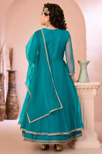 Green embroidered net a line kids salwar suits