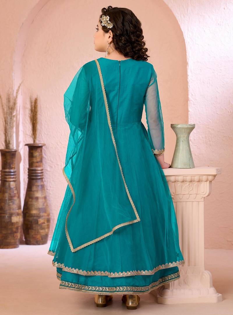 Green embroidered net a line kids salwar suits