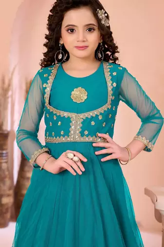 Green embroidered net a line kids salwar suits