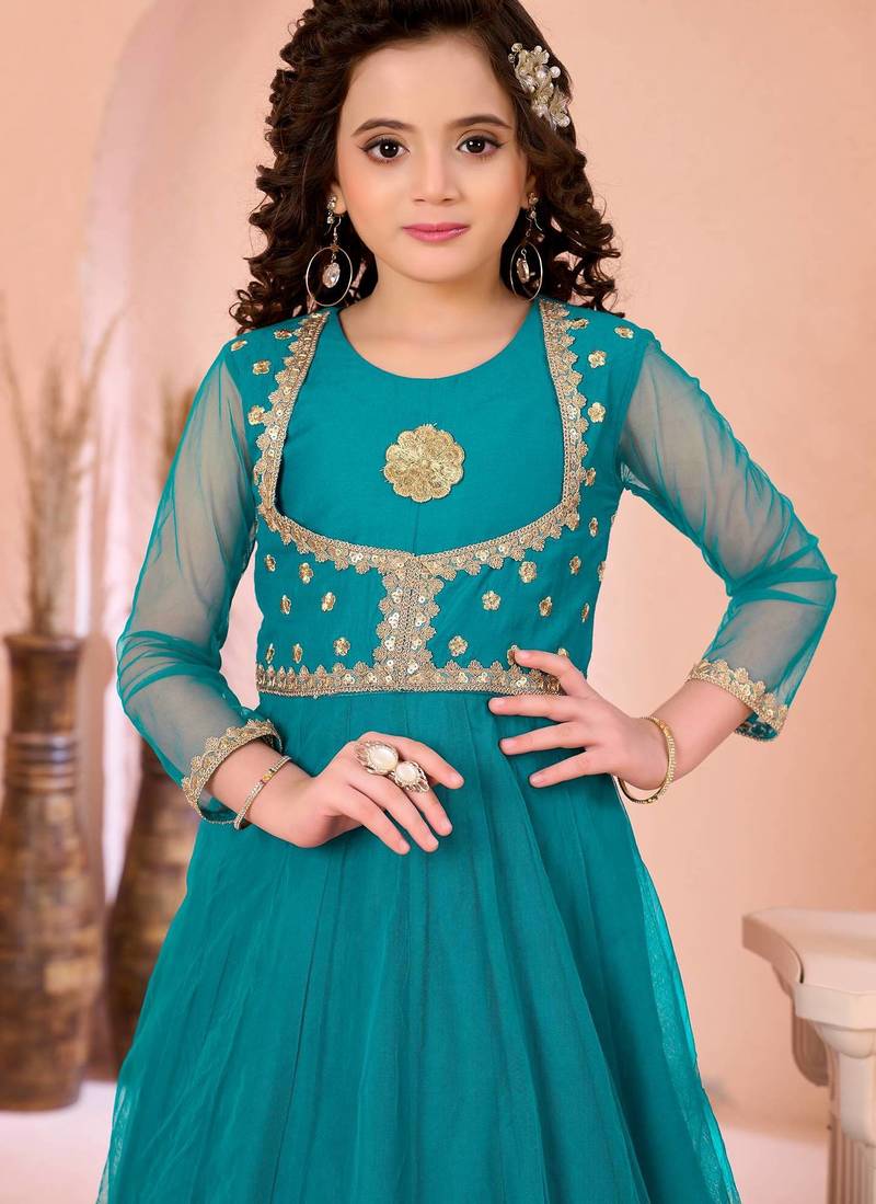 Green embroidered net a line kids salwar suits