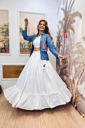 White Embroidery and Mirror work And Aari mirror work Cotton Navratri Lahenga Choli Set 