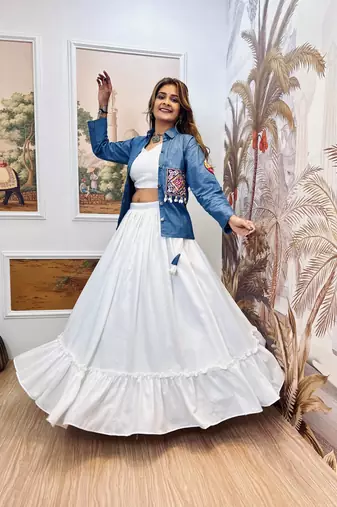 White Embroidery and Mirror work And Aari mirror work Cotton Navratri Lahenga Choli Set 
