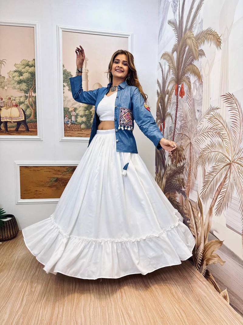 White Embroidery and Mirror work And Aari mirror work Cotton Navratri Lahenga Choli Set 