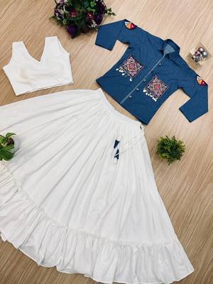 White Embroidery and Mirror work And Aari mirror work Cotton Navratri Lahenga Choli Set  5