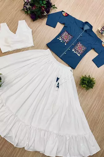 White Embroidery and Mirror work And Aari mirror work Cotton Navratri Lahenga Choli Set 