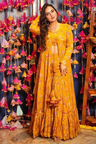Digital print heavy chinon shrug sharara suit