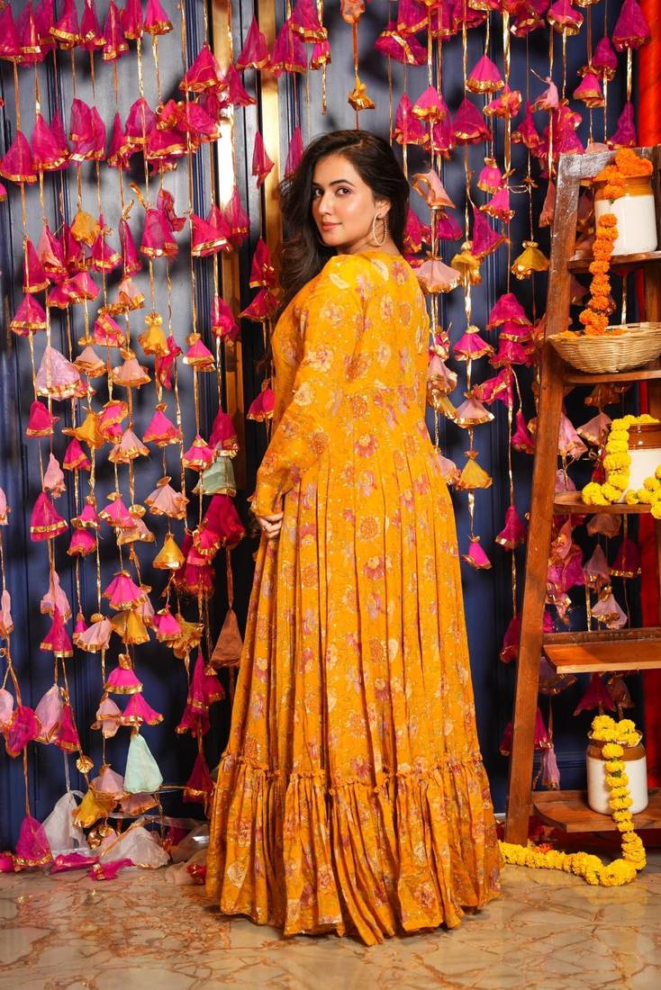 Digital print heavy chinon shrug sharara suit