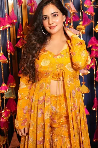 Digital print heavy chinon shrug sharara suit