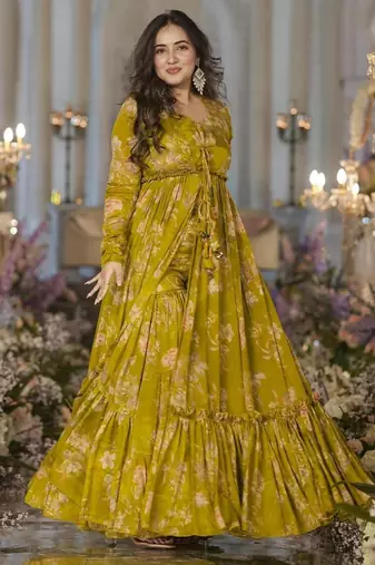 Digital print heavy chinon shrug sharara suit