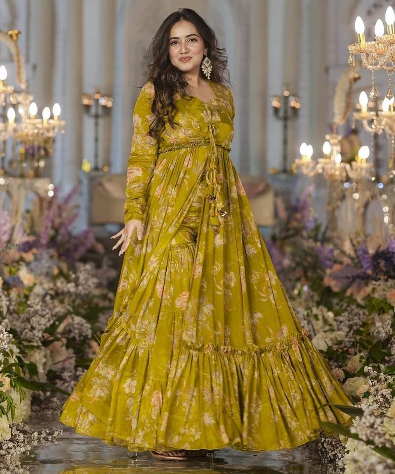 Digital print heavy chinon shrug sharara suit