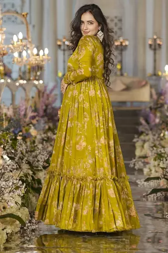Digital print heavy chinon shrug sharara suit