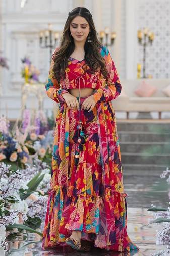 Digital print heavy chinon shrug sharara suit