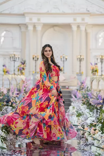Digital print heavy chinon shrug sharara suit