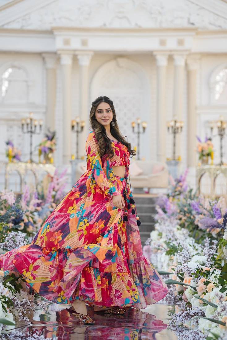 Digital print heavy chinon shrug sharara suit