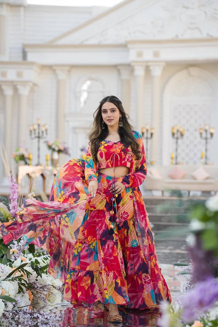 Digital print heavy chinon shrug sharara suit