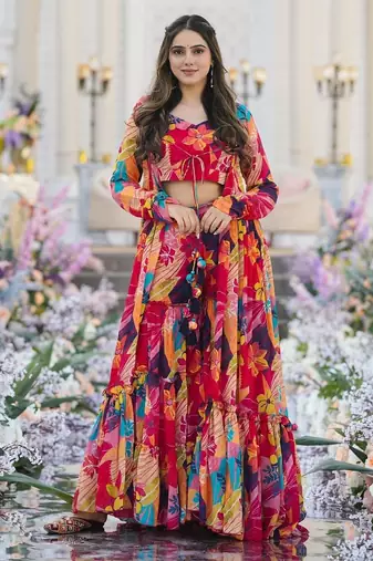 Digital print heavy chinon shrug sharara suit