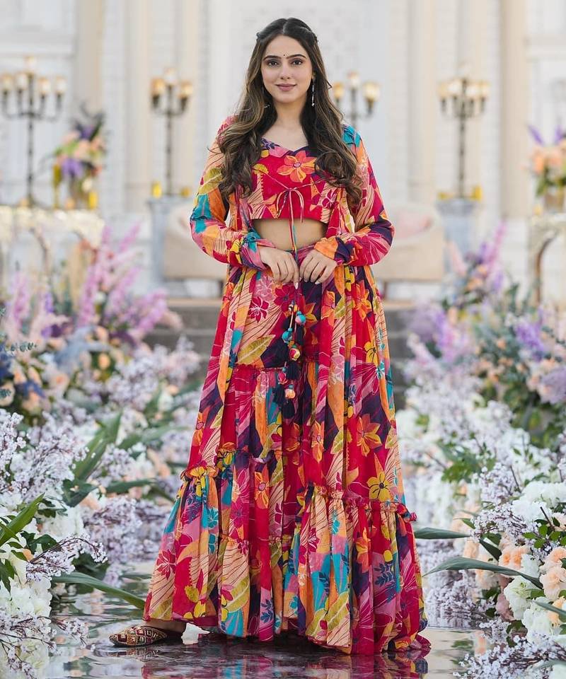 Digital print heavy chinon shrug sharara suit