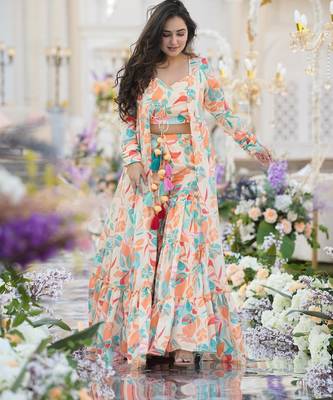 Digital print heavy chinon shrug sharara suit 1