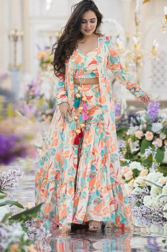 Digital print heavy chinon shrug sharara suit
