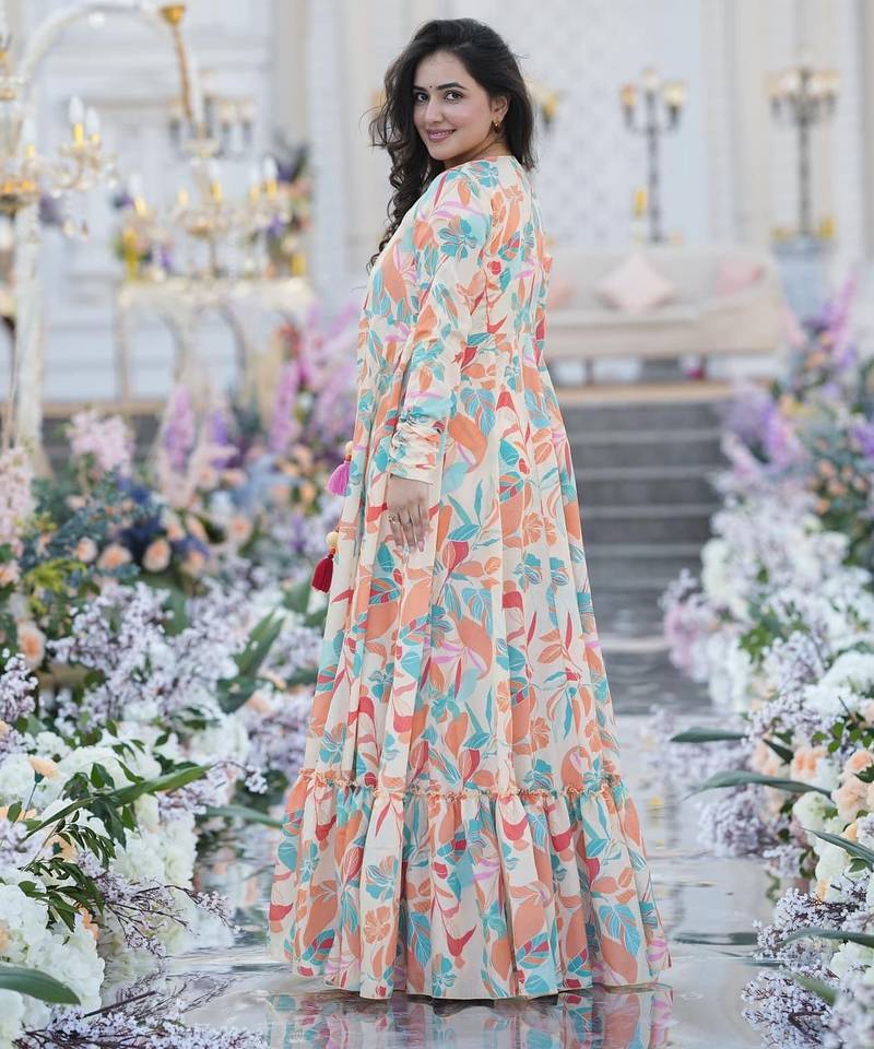 Digital print heavy chinon shrug sharara suit